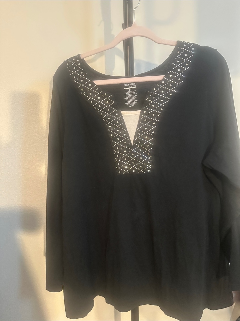 Basic Editions Black Embellished V-Notch Sweatshirt